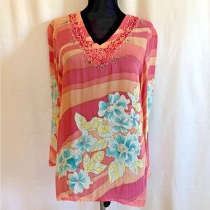 Ca.sual Silk Floral Tunic W/ Beading - Size Medium